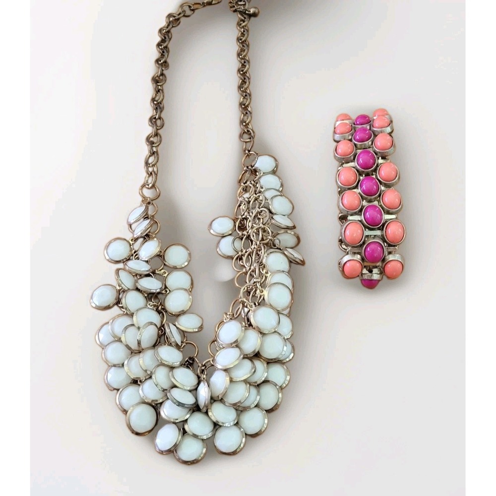 Vtg 2010s Chunky Statement Lot White Bubble Necklace Orange Bracelet 2pc